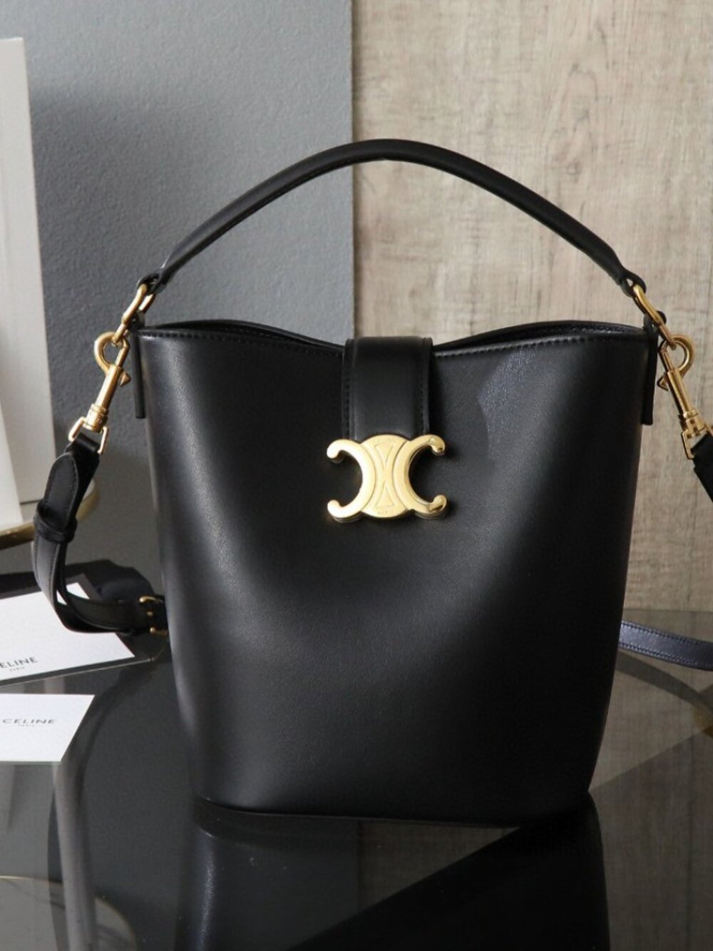 Celine black leather bucket bag